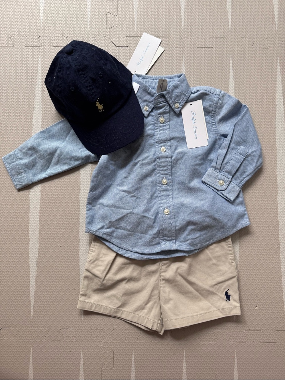Ralph Lauren Light Blue Button-Down Shirt, Khaki Shorts and baseball Cap 9M